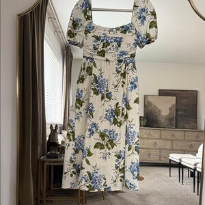 O.P.T Floral-Print Linen Midi Dress in Blue Hydrangea